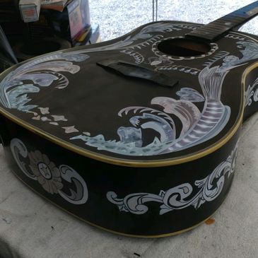 custom hand painted airbrushed acoustic guitar with silver, white, gold metallic filigree paisley 
