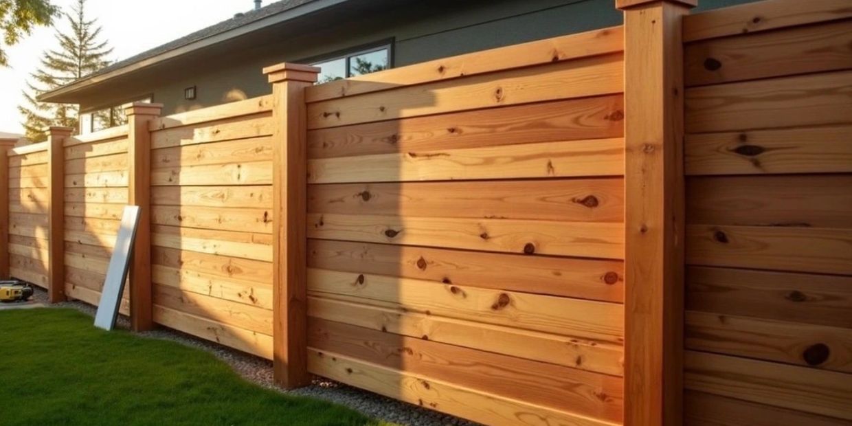 A newly built wooden fence casting shadows in the sunlight.