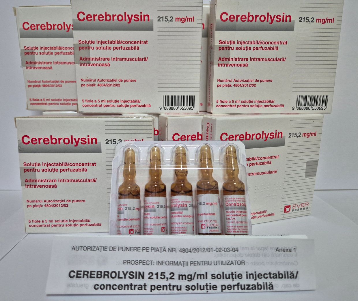 Boxes and ampoules of Cerebrolysin injectable solution, 215.2 mg/ml concentration.