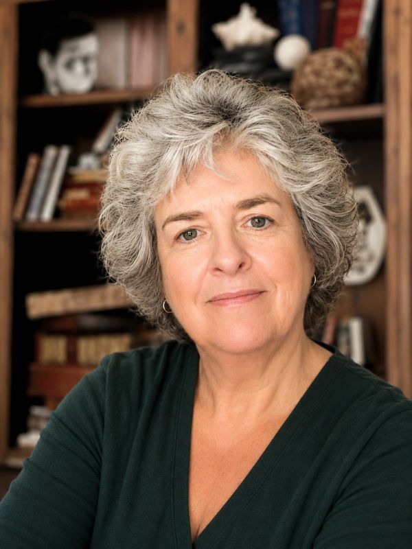 Portrait of a smiling older woman with gray hair, wearing a dark green top.