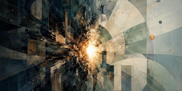Abstract digital art with geometric shapes converging towards a bright light.