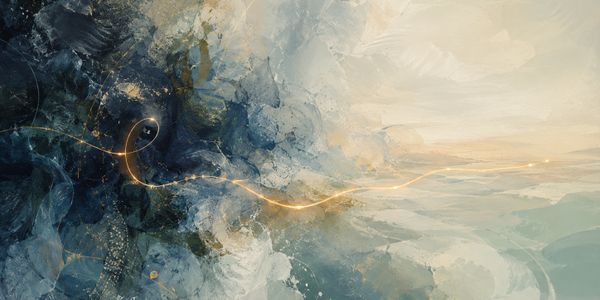 Abstract art with swirling blue and beige tones and a glowing golden line.