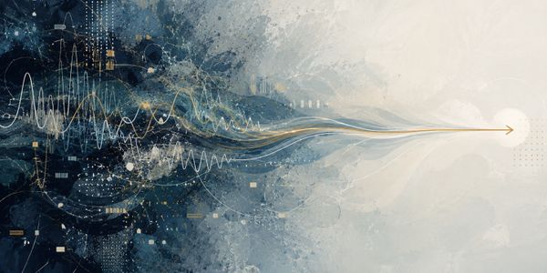 Abstract digital waves and lines converging towards a bright point.
