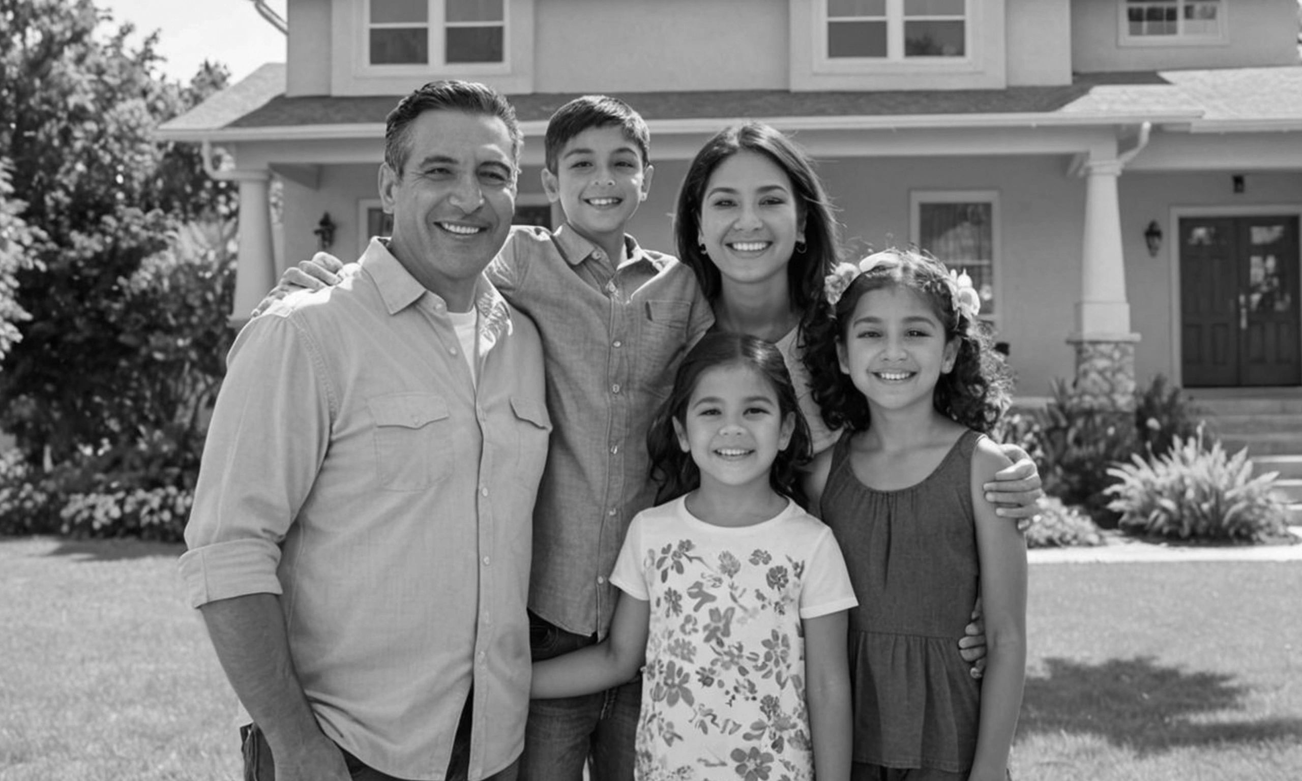 Familia Latina frente a su casa. Primer Comprador. Bienes Raices. Comprando su casa. Creando hogar. 