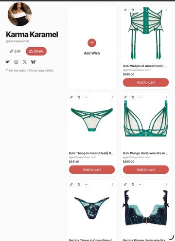 Online store profile featuring green lingerie pieces with prices and add-to-cart options.