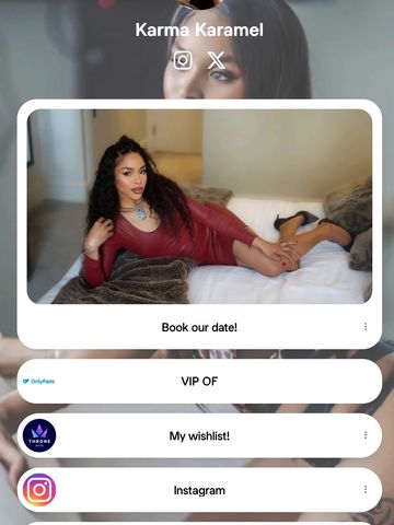 Woman in red dress reclining on bed, promoting online content links.