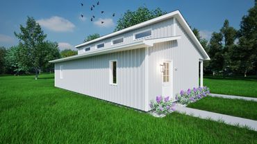 Self-contained backyard suite render with purple flowers lining the front garden. 