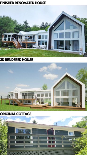 Three images comparing an original cottage with the 3D render and final results 