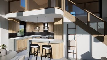 3D render of kitchen in Lakefront Custom floorplan project