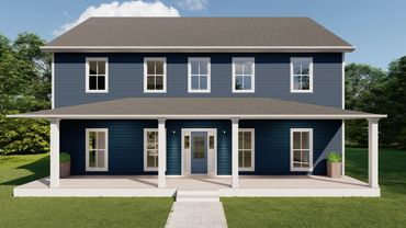 3d render of custom family 2 story house floor plan project with sprawling front porch