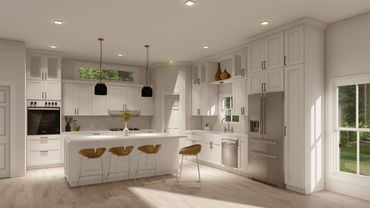 3d render of beautiful white kitchen with center island