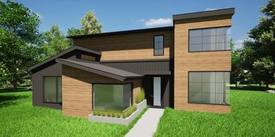 3 bedroom two story floor plan with brown exterior and large windows