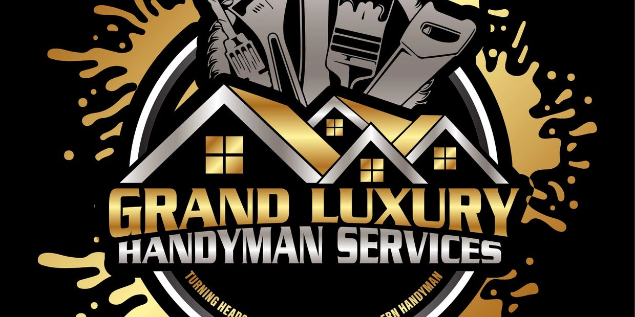 Elegant logo for Grand Luxury Handyman Services with tools and house roofs in gold and silver.