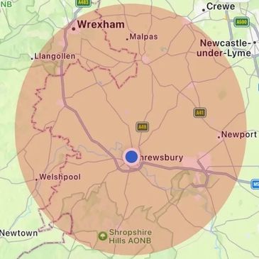 Map highlighting areas covered with Shrewsbury being central & out to Telford, Wrexham, Welshpool.