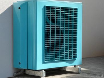 Air Source Heat Pump in ABCEPC brand colour of Teal / Aqua Blue.