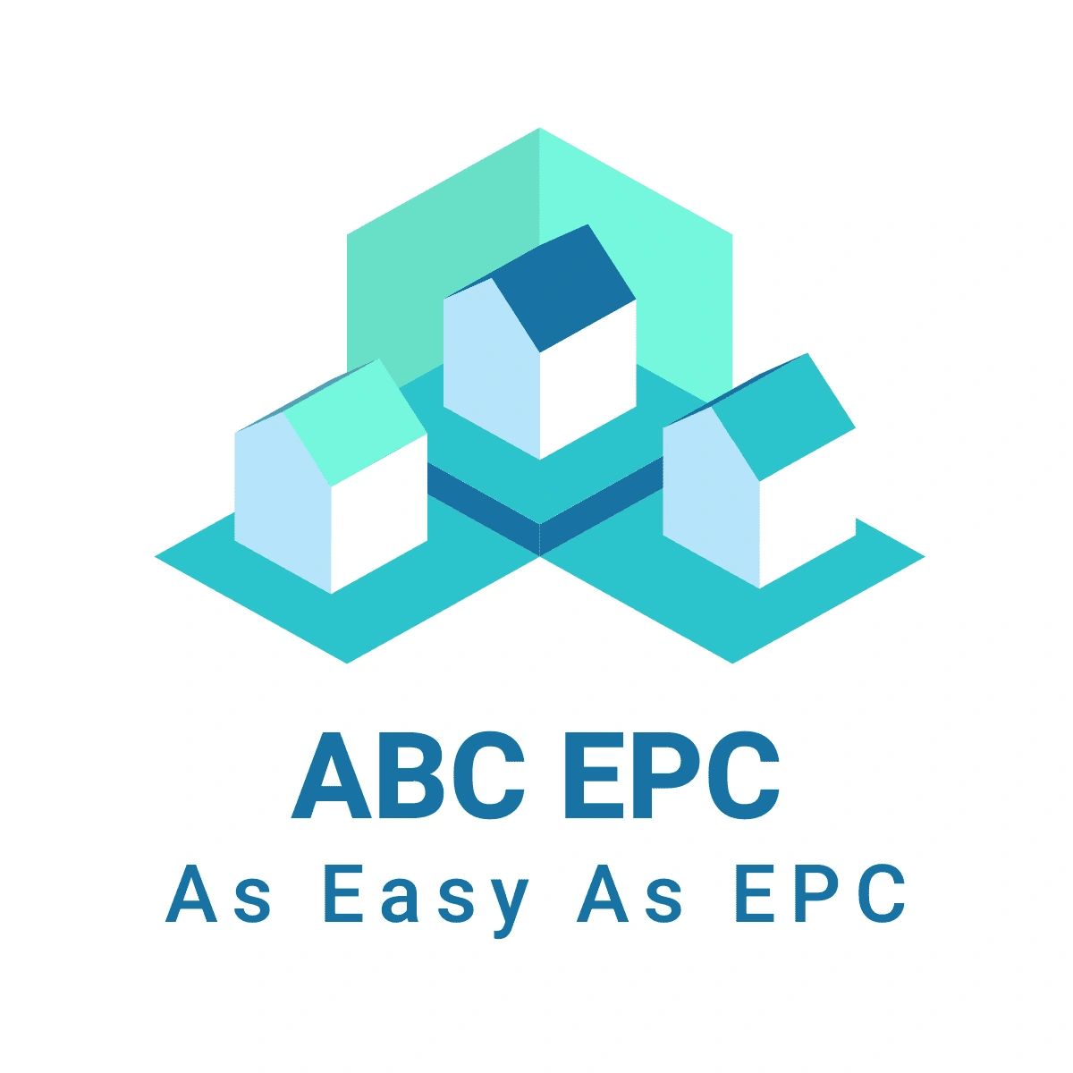 ABC EPC Company name LOGO, 3 houses on squares. A pastel light blue colour. Tag Line As Easy As EPC