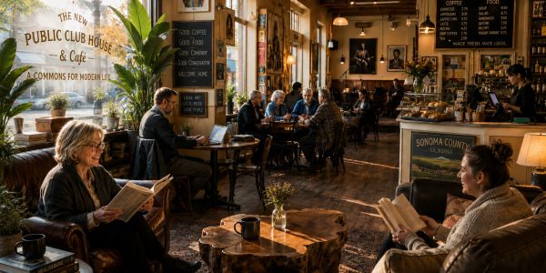 Cozy café with people reading and working.