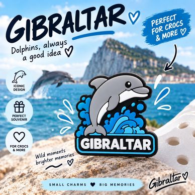 Cute Gibraltar dolphin charm with ocean and rock background.