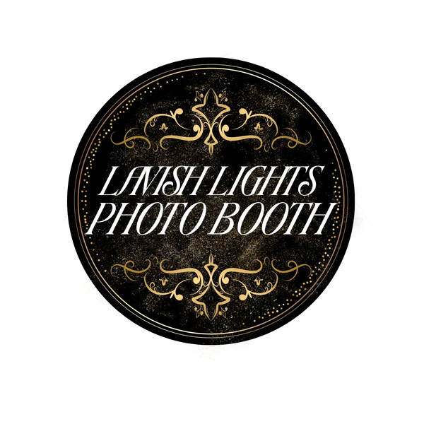 Elegant logo for Lavish Lights Photo Booth with gold ornate details on black.