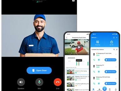 Delivery man on video call with door control app interface.