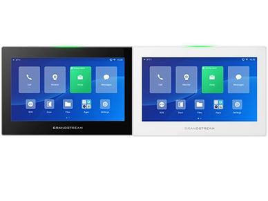 Two Grandstream touchscreen devices, one in black and one in white.