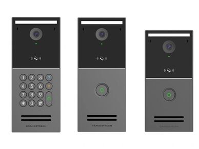 Three different door intercom panels with cameras and buttons.