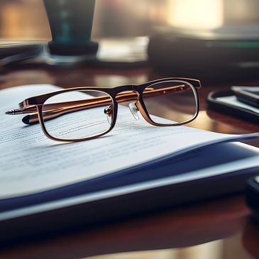 Reading glasses resting on an open book on a desk.