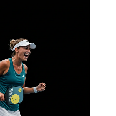 Female pickleball player celebrating a point during a match.