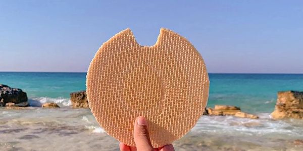Hand holding a bitten waffle cookie against a beach and ocean background.