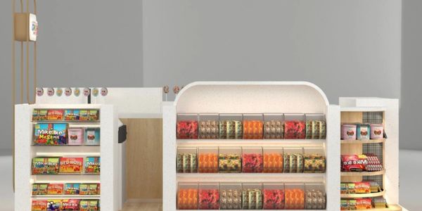 Modern snack display shelves in a clean retail space.