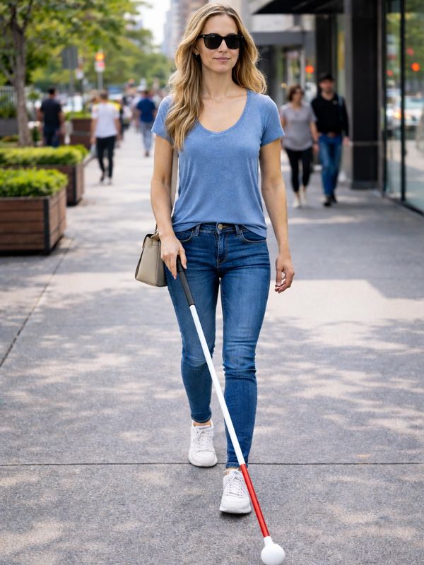 A woman walking along a suburban street wearing a blue top and jeans. She has blonde hair and is usi