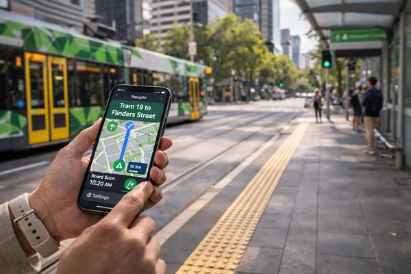 An image of a smartphone displaying next tram information stating route 19 tram to Flinders Street. 