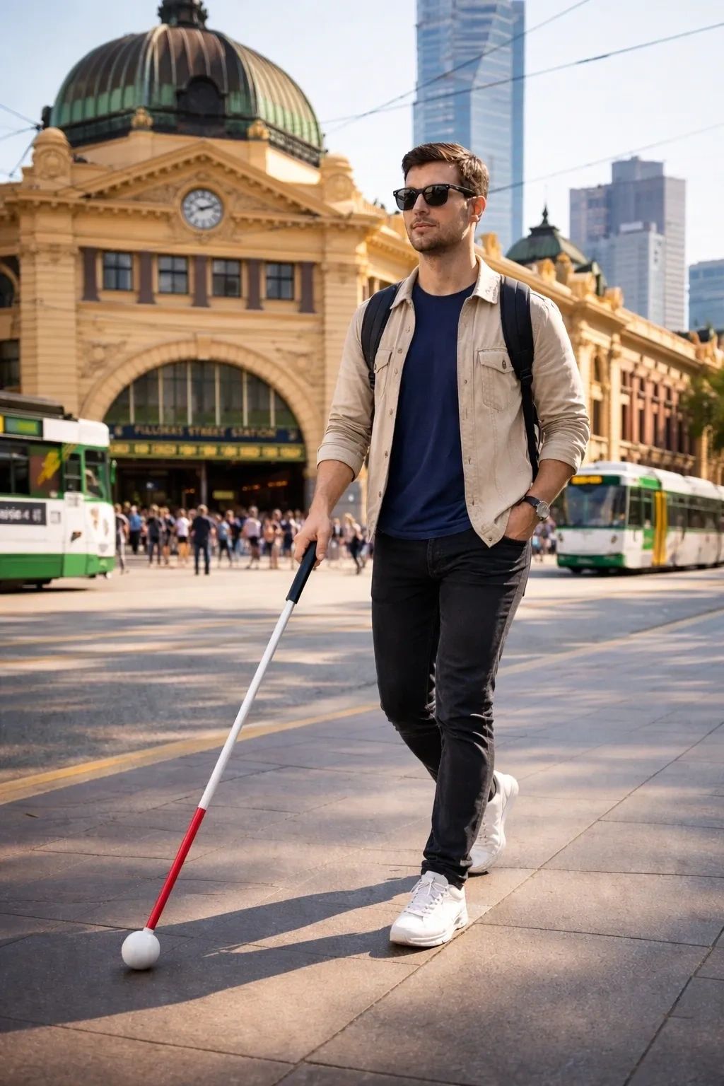 A man with a long cane walking in the Melbourne CBD with Flinders Street Station in the background. 