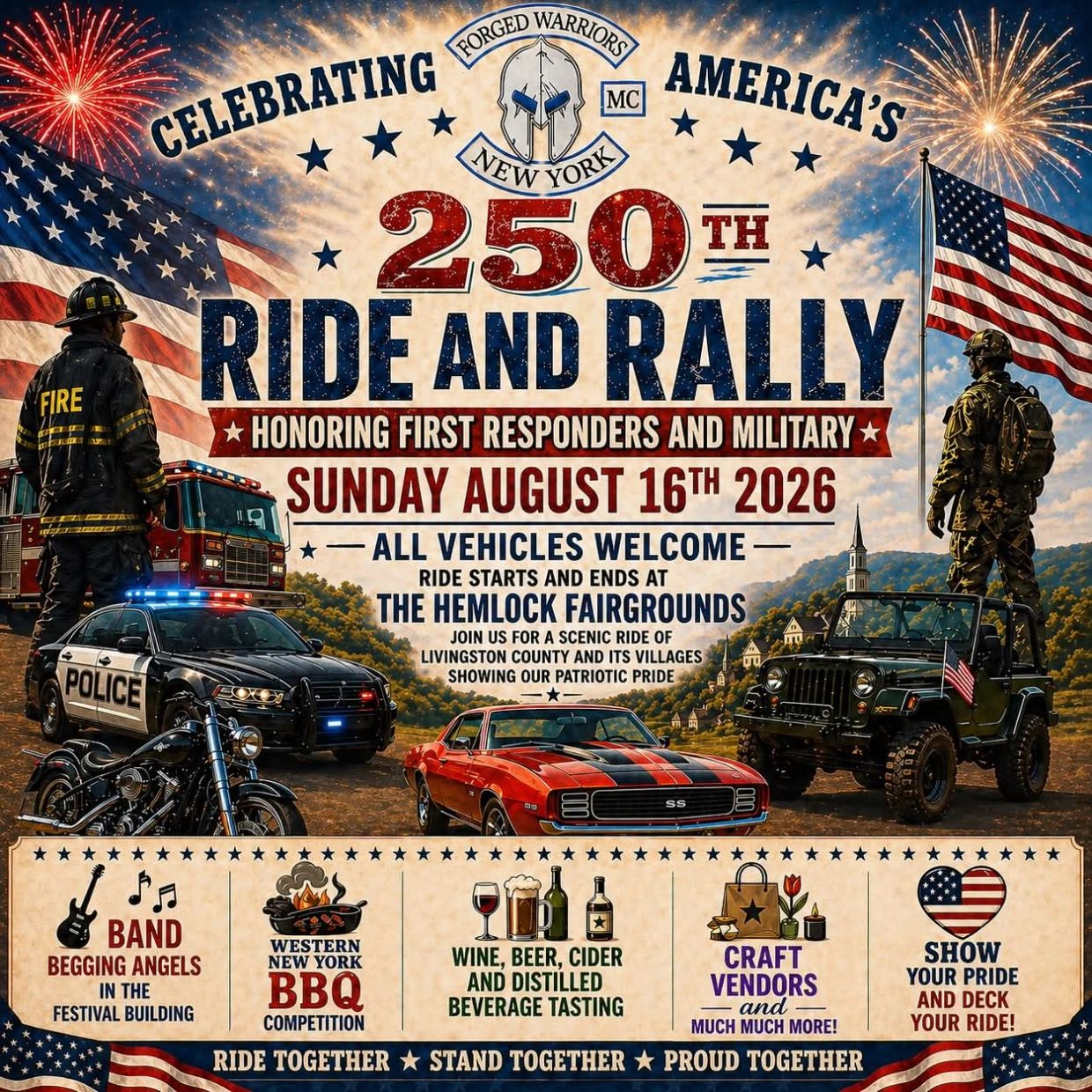 Celebrating America's 250th Ride and Rally honoring first responders and military on August 16th, 2026.