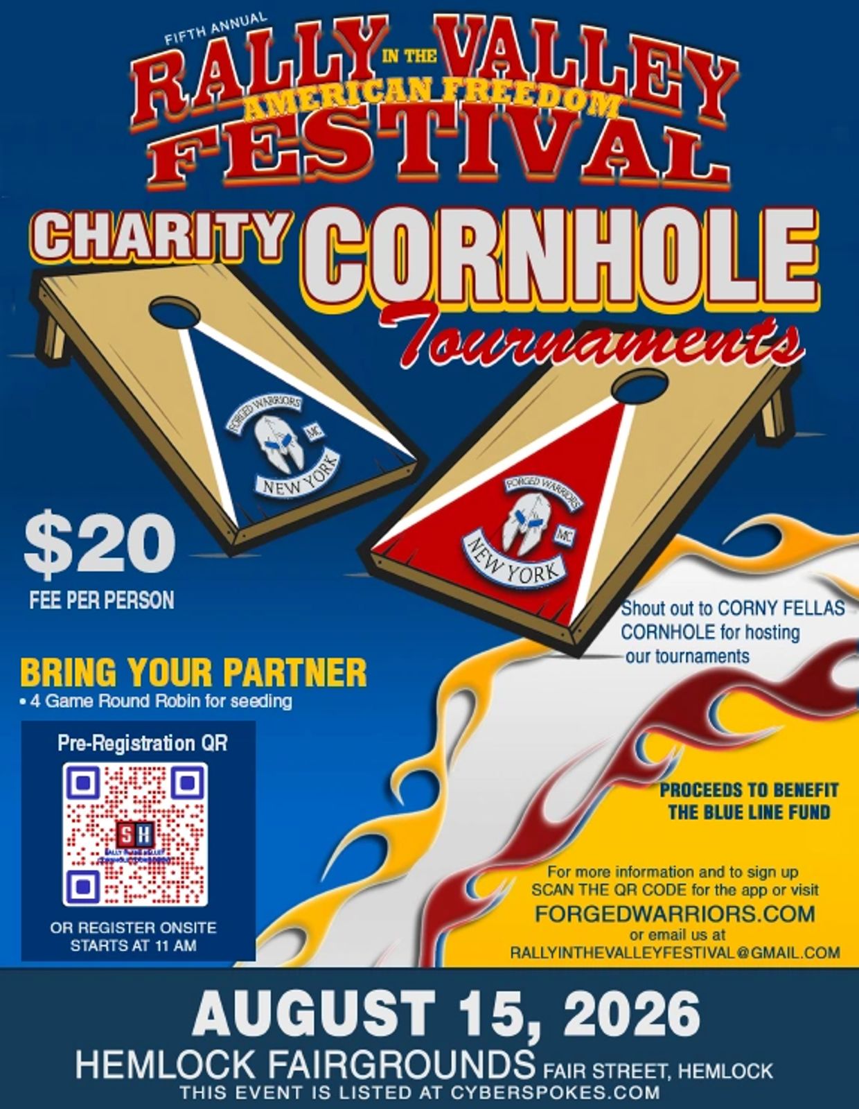 Flyer for the 5th Annual Rally in the Valley American Freedom Festival Cornhole Tournament.