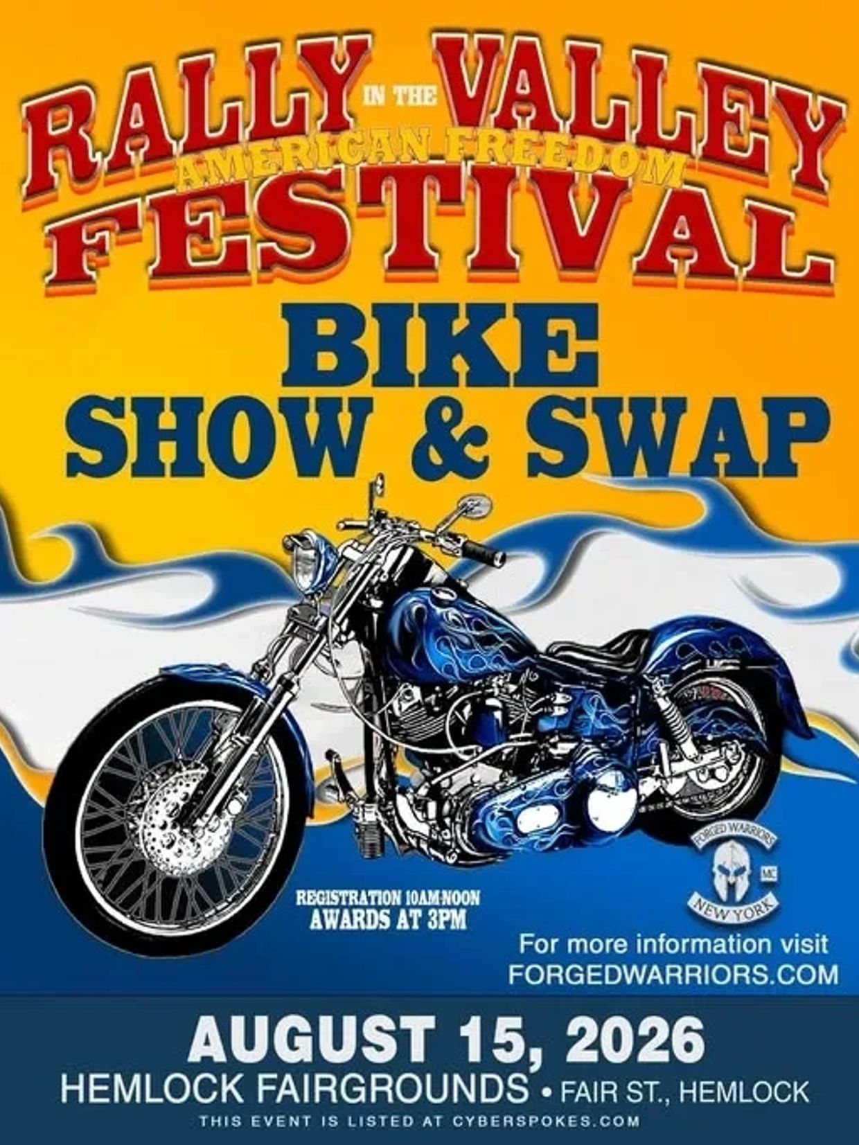 Rally in the Valley Bike Show &amp; Swap on August 15, 2026, at Hemlock Fairgrounds.