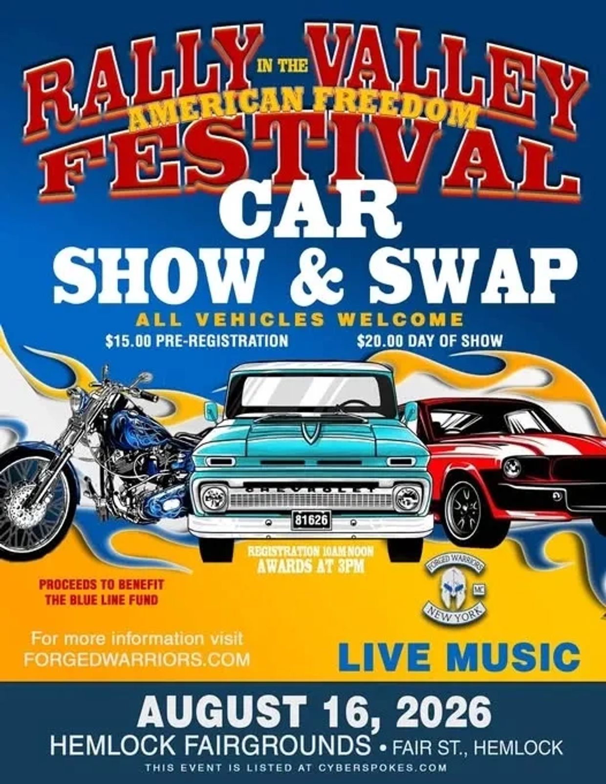 Rally in the Valley Car Show &amp; Swap event poster for August 16, 2026.