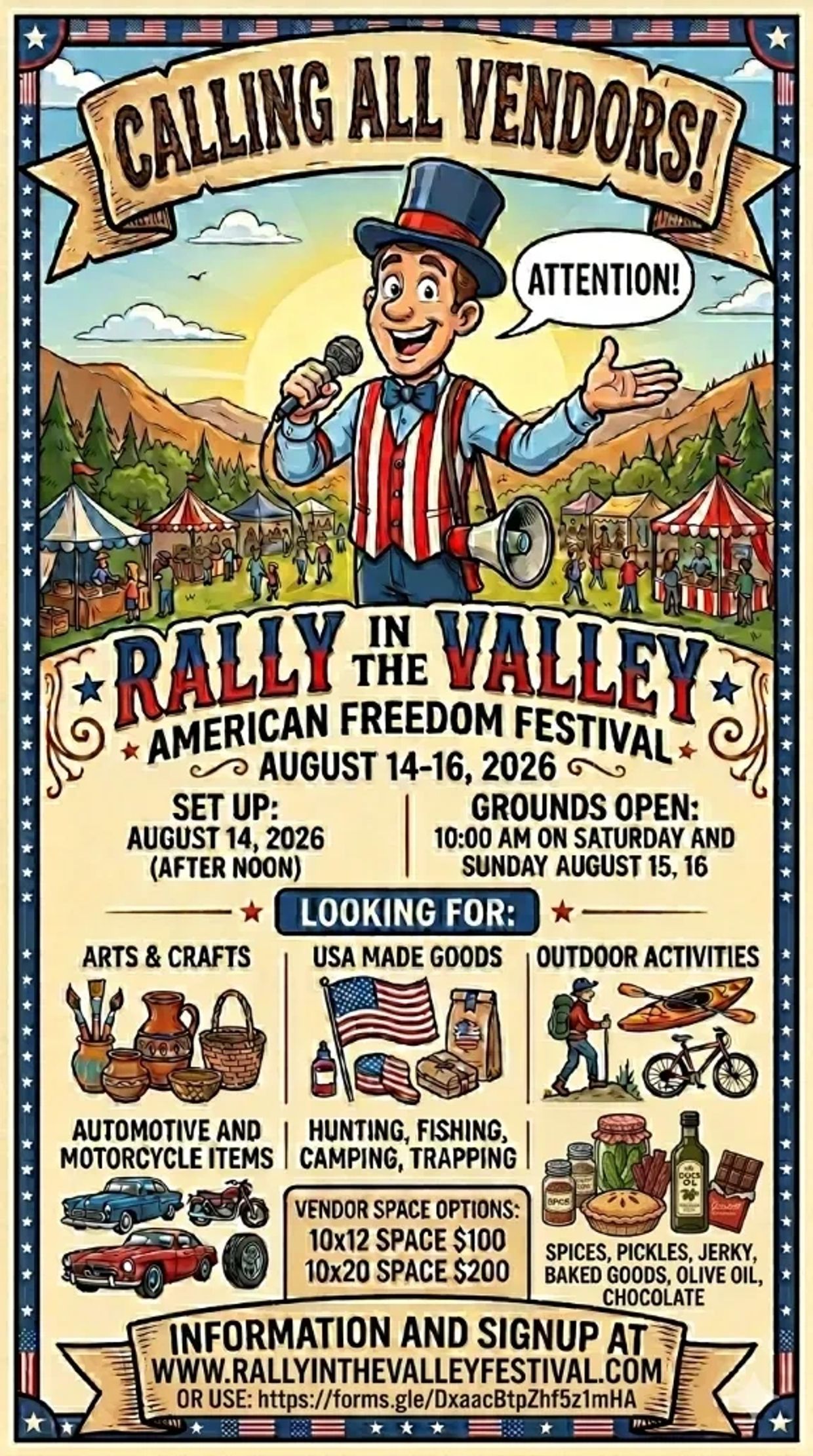 Vintage-style flyer calling vendors for Rally in the Valley American Freedom Festival 2026.