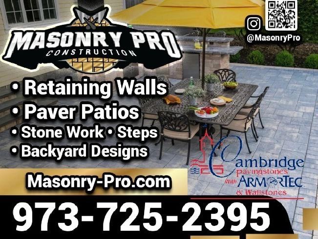 Masonry Pro Construction banner with paver patio in back round, with Cambridge Pavingstone Pavers