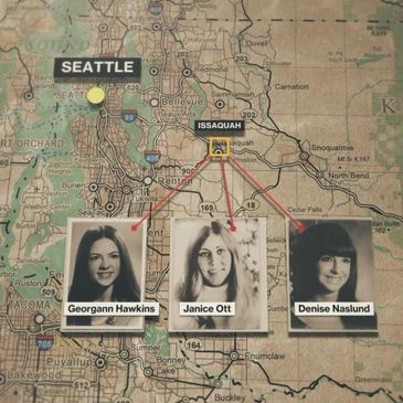 Map showing Seattle and Issaquah with photos of three women linked to Issaquah.
