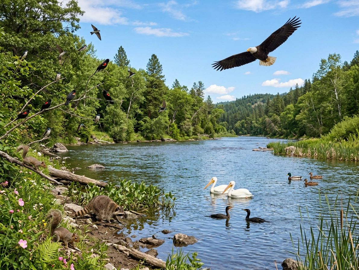 Various birds, raccoons, and a flying bald eagle by a river in a forest.