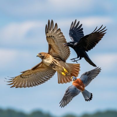 A hawk, a crow, and a kestrel in mid-flight against a blue sky.