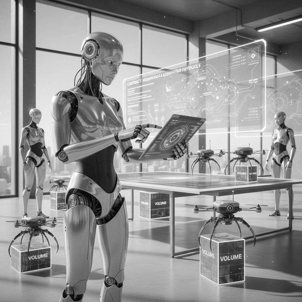 Futuristic robots interact with holographic interfaces in a high-tech lab.