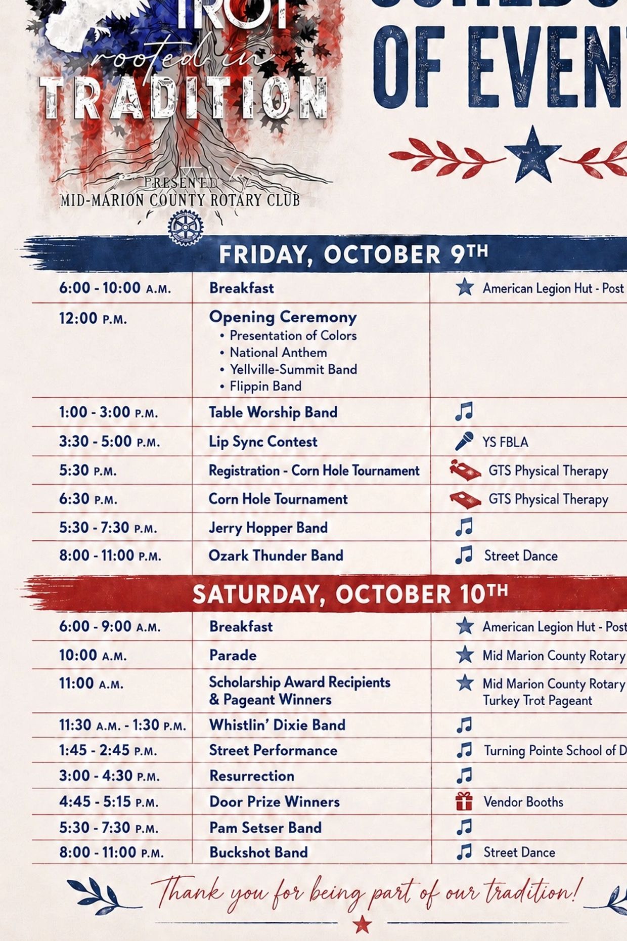 80th Annual Turkey Trot schedule of events for October 9th and 10th.
