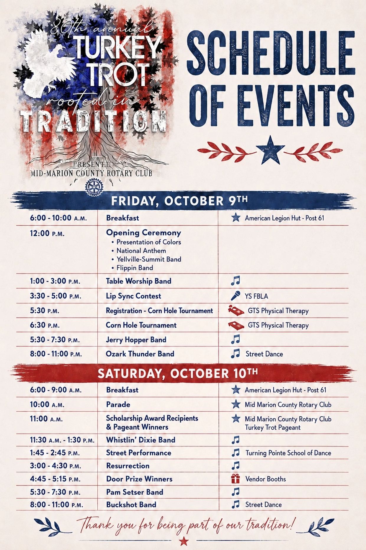 80th Annual Turkey Trot schedule of events for October 9th and 10th.