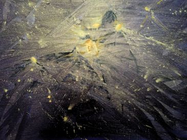 Abstract painting with dark tones and bright yellow highlights.