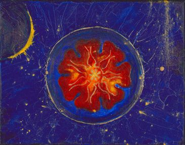 Abstract cosmic artwork with fiery red center and crescent moon.