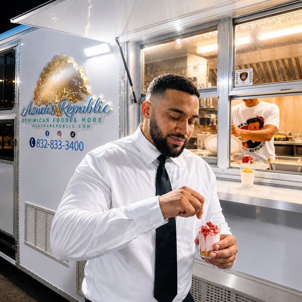 Man in white shirt enjoying dessert outside Azucar Republic food truck.