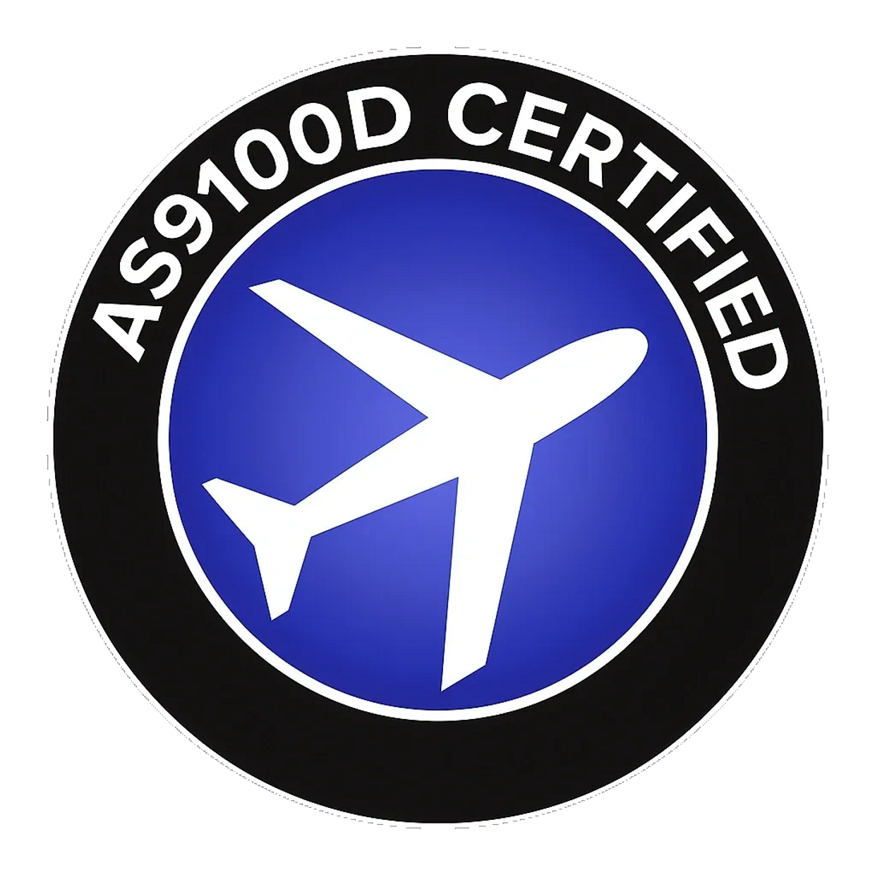 AS9100D certified aviation quality management logo with airplane icon.