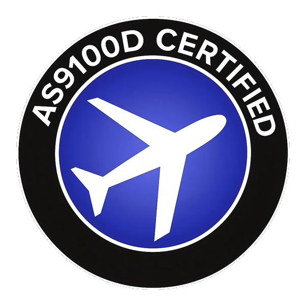 AS9100D certified aviation quality management logo with airplane icon.